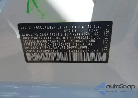 2021 Volkswagen Jetta 1.4T R-Line/1.4T S/1.4T Se из США, поврежденный, VIN 3VWC57BU5MM045605